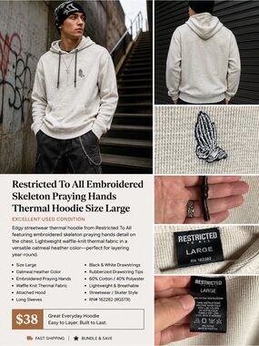 Restricted To All Skeleton Praying Hands Thermal Hoodie Oatmeal Large